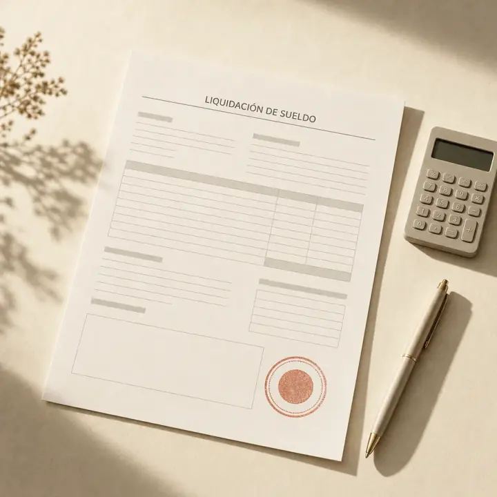Hoja de liquidación impresa con sello rojo, bolígrafo y calculadora sobre papel crema